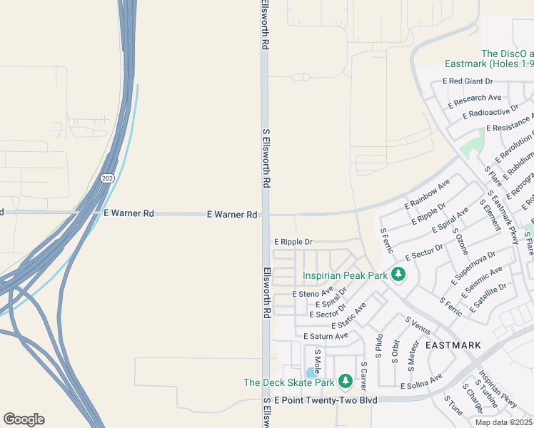 map of restaurants, bars, coffee shops, grocery stores, and more near 12399 South Ellsworth Road in Mesa