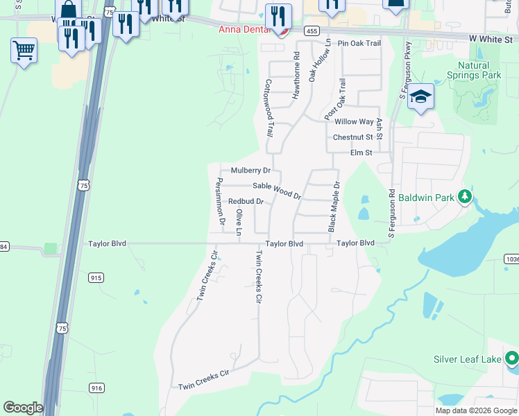 map of restaurants, bars, coffee shops, grocery stores, and more near 1805 Sweet Gum Drive in Anna