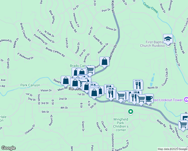 map of restaurants, bars, coffee shops, grocery stores, and more near 436 Mechem Dr in Ruidoso