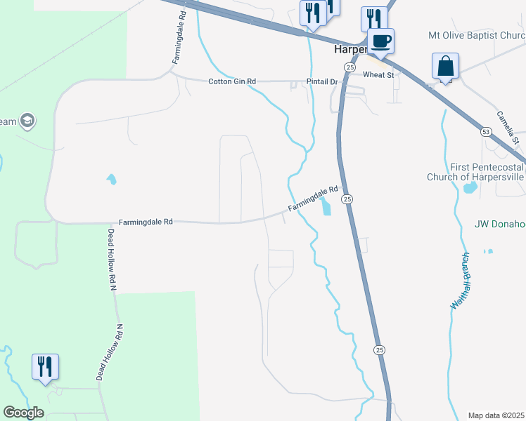 map of restaurants, bars, coffee shops, grocery stores, and more near 304 Farmingdale Lane in Harpersville