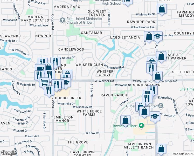map of restaurants, bars, coffee shops, grocery stores, and more near 739 South Cholla Street in Gilbert