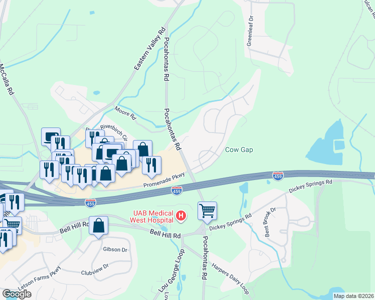 map of restaurants, bars, coffee shops, grocery stores, and more near 5768 Pocahontas Rd in Bessemer