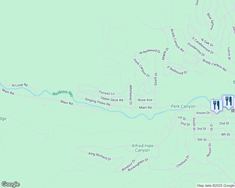 map of restaurants, bars, coffee shops, grocery stores, and more near 115 Forest Lane in Ruidoso