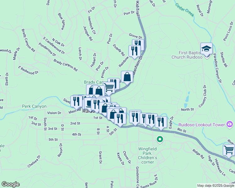 map of restaurants, bars, coffee shops, grocery stores, and more near 424-436 Mechem Dr in Ruidoso