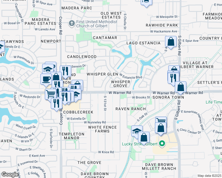 map of restaurants, bars, coffee shops, grocery stores, and more near 739 South Cholla Street in Gilbert
