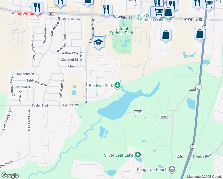 map of restaurants, bars, coffee shops, grocery stores, and more near 1231 Bear Creek Drive in Anna