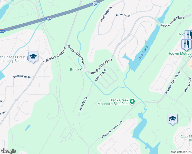 map of restaurants, bars, coffee shops, grocery stores, and more near 1543 Creekside Drive in Birmingham