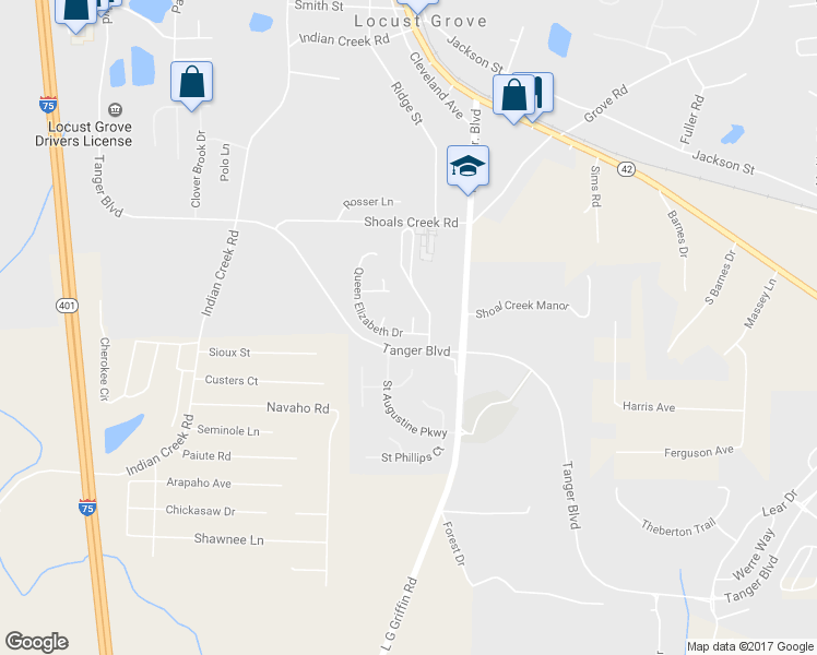 map of restaurants, bars, coffee shops, grocery stores, and more near 1512 Queen Elizabeth Drive in Locust Grove