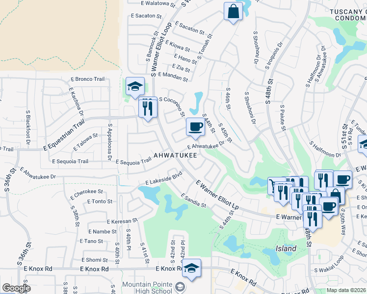 map of restaurants, bars, coffee shops, grocery stores, and more near 4318 East Ahwatukee Drive in Phoenix