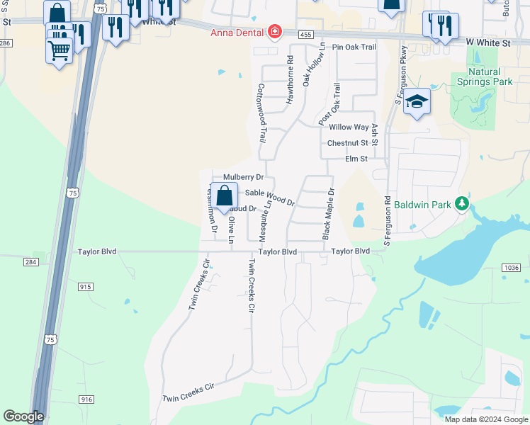 map of restaurants, bars, coffee shops, grocery stores, and more near Mesquite Lane in Anna