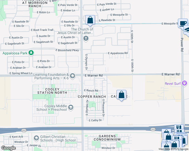 map of restaurants, bars, coffee shops, grocery stores, and more near 18001 East Warner Road in Gilbert