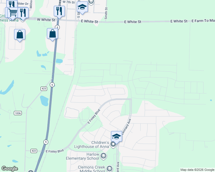 map of restaurants, bars, coffee shops, grocery stores, and more near 627 Maverick Street in Anna
