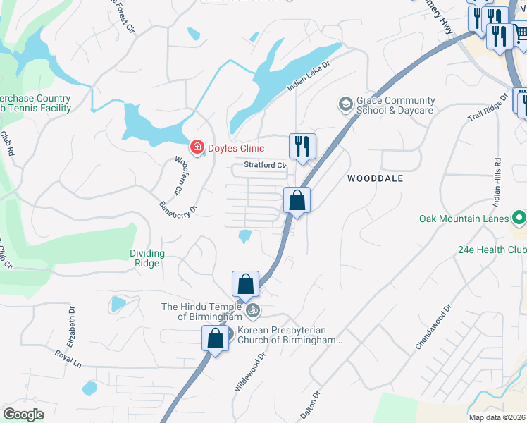 map of restaurants, bars, coffee shops, grocery stores, and more near 107 Stratshire Lane in Pelham