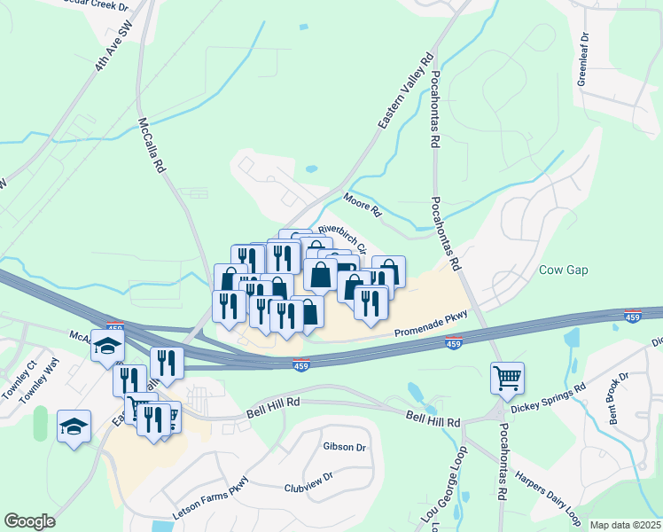 map of restaurants, bars, coffee shops, grocery stores, and more near 5737 Riverbirch Drive in Bessemer
