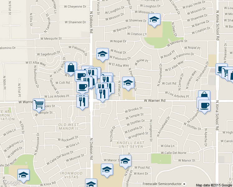 map of restaurants, bars, coffee shops, grocery stores, and more near 1756 W Los Arboles Ct in Chandler