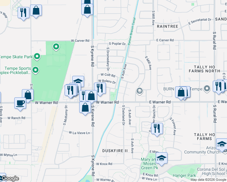 map of restaurants, bars, coffee shops, grocery stores, and more near 401 West Calle Monte Vista in Tempe