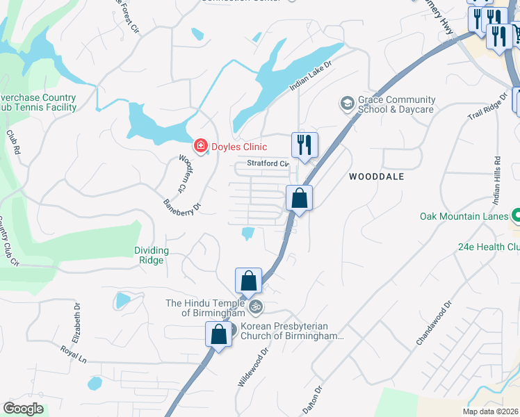 map of restaurants, bars, coffee shops, grocery stores, and more near 107 Stratshire Lane in Pelham