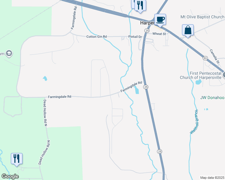 map of restaurants, bars, coffee shops, grocery stores, and more near 304 Farmingdale Lane in Harpersville