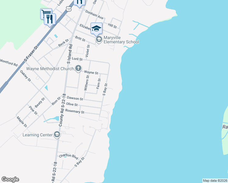 map of restaurants, bars, coffee shops, grocery stores, and more near 2427 South Bay Street in Georgetown