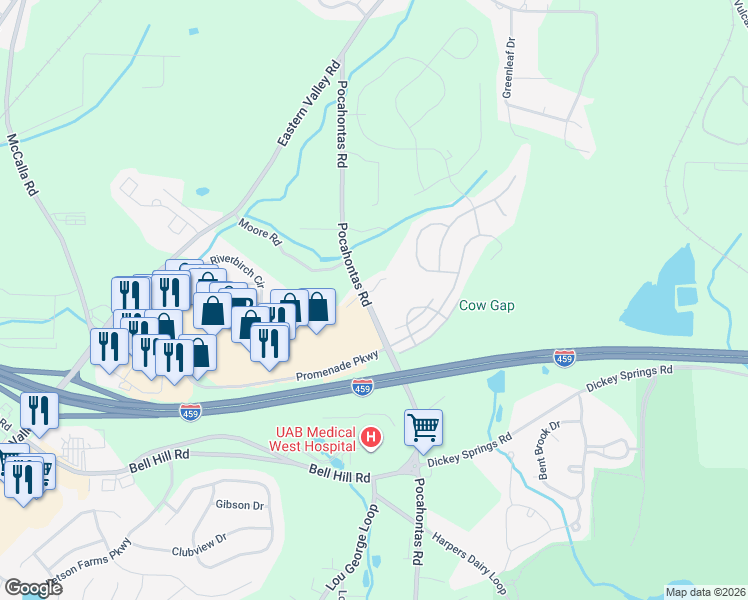 map of restaurants, bars, coffee shops, grocery stores, and more near 5768 Pocahontas Road in Bessemer
