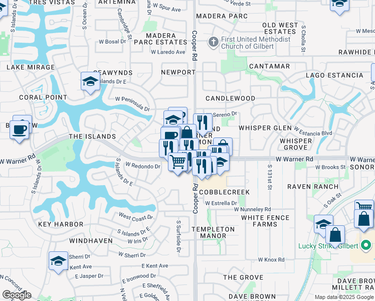 map of restaurants, bars, coffee shops, grocery stores, and more near 734 South Cooper Road in Gilbert