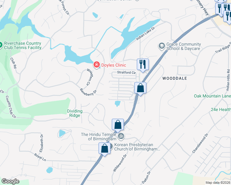 map of restaurants, bars, coffee shops, grocery stores, and more near 121 Stratshire Lane in Pelham