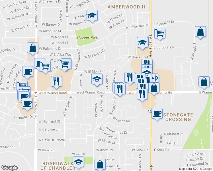 map of restaurants, bars, coffee shops, grocery stores, and more near 2042 North Arbor Lane in Chandler