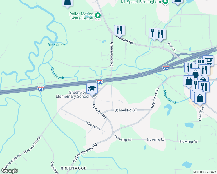 map of restaurants, bars, coffee shops, grocery stores, and more near 4075 Roselyn Rd in Bessemer