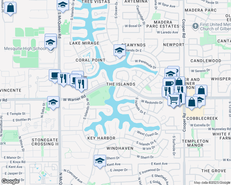 map of restaurants, bars, coffee shops, grocery stores, and more near 819 South Copper Key Court in Gilbert