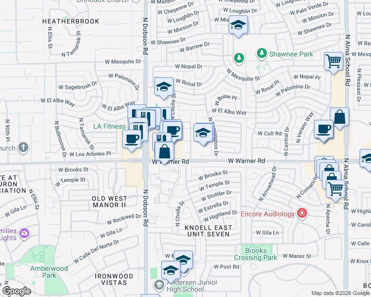 map of restaurants, bars, coffee shops, grocery stores, and more near 1756 West Los Arboles Court in Chandler