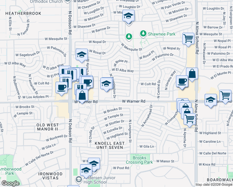 map of restaurants, bars, coffee shops, grocery stores, and more near 1616 West Los Arboles Place in Chandler