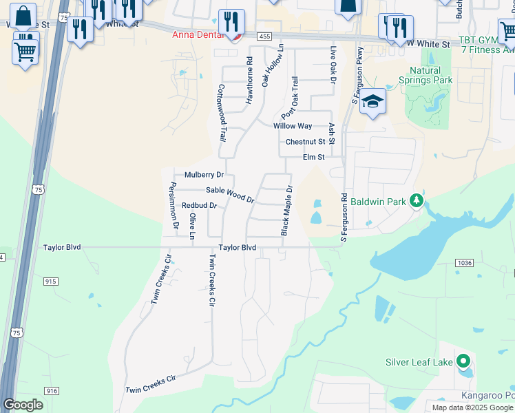 map of restaurants, bars, coffee shops, grocery stores, and more near 1701 Black Willow Trail in Anna