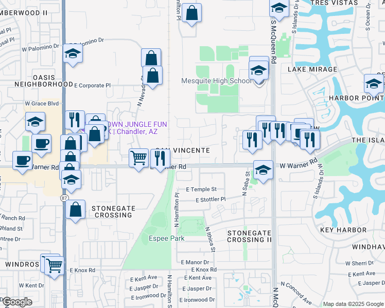 map of restaurants, bars, coffee shops, grocery stores, and more near 2055 North Mosley Drive in Chandler