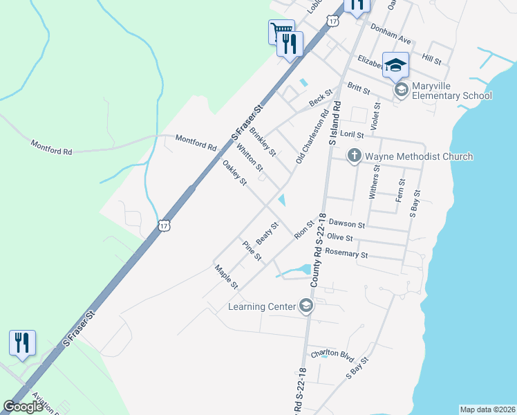map of restaurants, bars, coffee shops, grocery stores, and more near 2604 Old Charleston Road in Georgetown