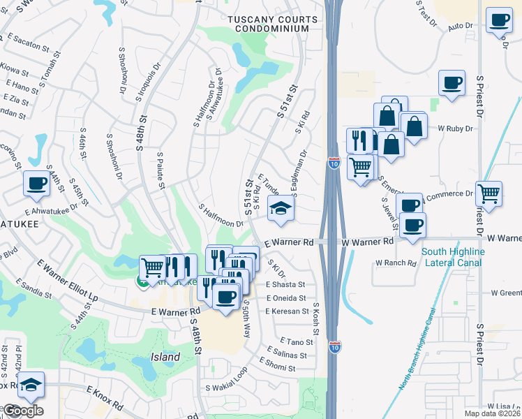 map of restaurants, bars, coffee shops, grocery stores, and more near 12145 South Ki Road in Phoenix