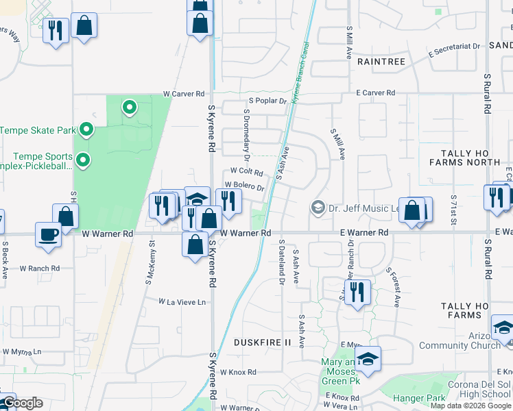 map of restaurants, bars, coffee shops, grocery stores, and more near 329 West Calle Monte Vista in Tempe