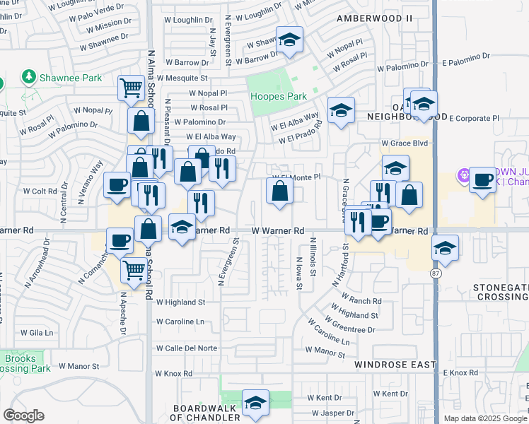 map of restaurants, bars, coffee shops, grocery stores, and more near 2037 North Sunset Drive in Chandler