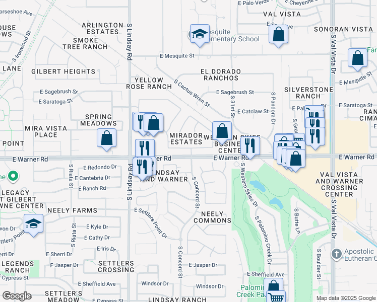 map of restaurants, bars, coffee shops, grocery stores, and more near 1027 East Arabian Drive in Gilbert
