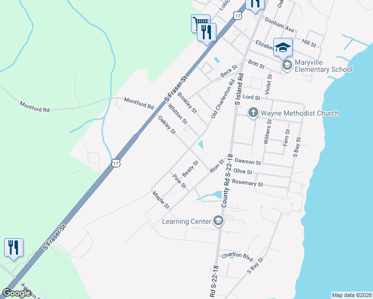 map of restaurants, bars, coffee shops, grocery stores, and more near 2604 Old Charleston Road in Georgetown