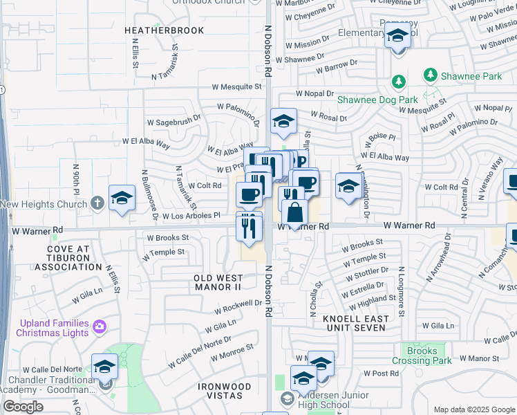 map of restaurants, bars, coffee shops, grocery stores, and more near 2070 North Dobson Road in Chandler