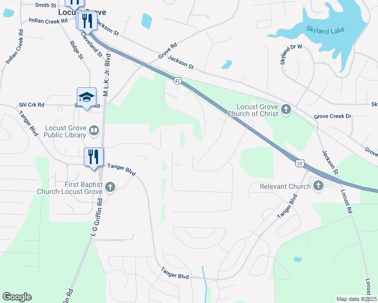 map of restaurants, bars, coffee shops, grocery stores, and more near 143 Massey Lane in Locust Grove