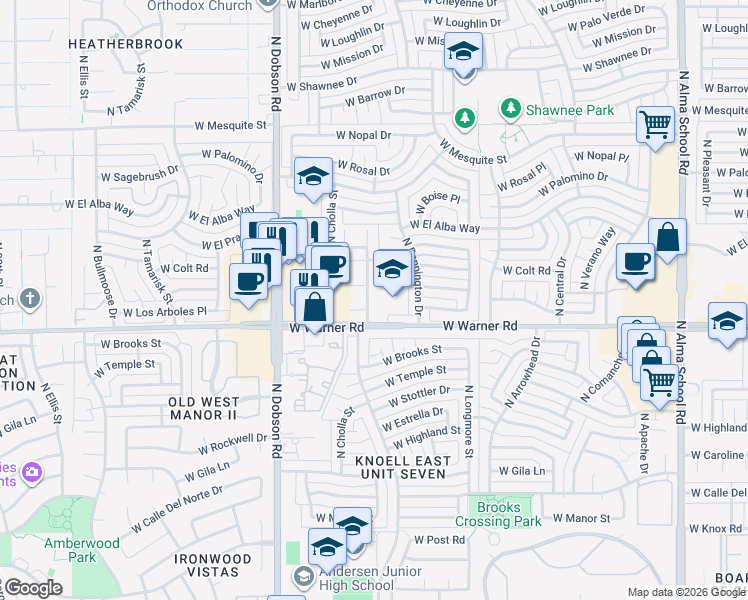 map of restaurants, bars, coffee shops, grocery stores, and more near 1756 West Los Arboles Court in Chandler