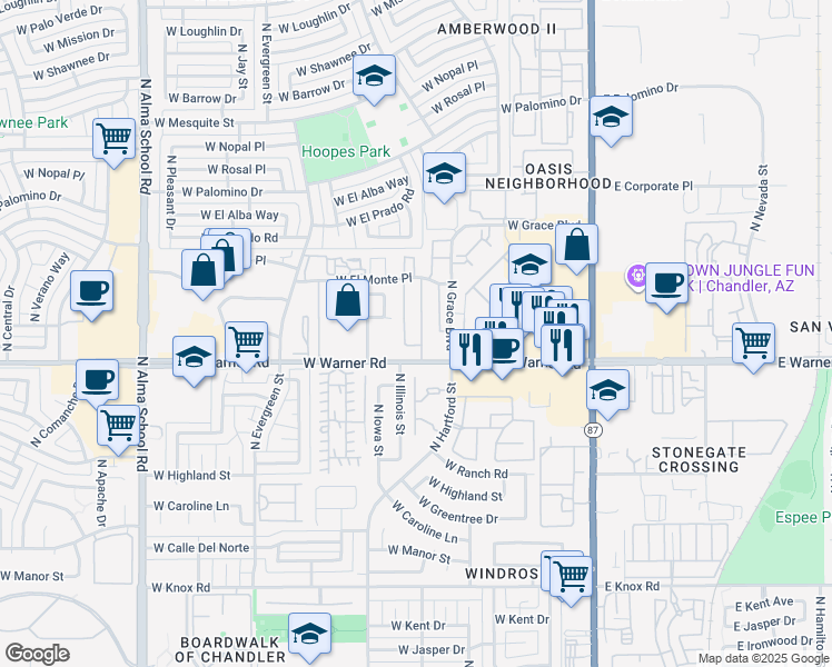 map of restaurants, bars, coffee shops, grocery stores, and more near 2042 North Arbor Lane in Chandler