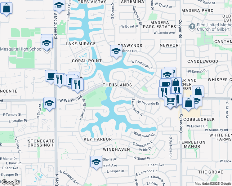 map of restaurants, bars, coffee shops, grocery stores, and more near 819 South Copper Key Court in Gilbert
