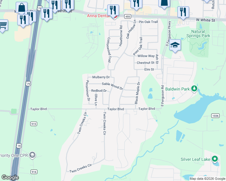 map of restaurants, bars, coffee shops, grocery stores, and more near 1717 Mesquite Lane in Anna