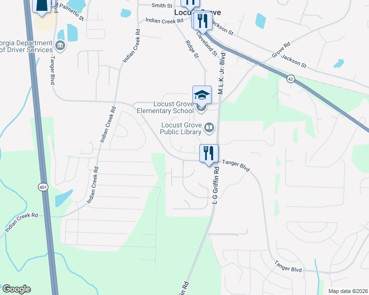 map of restaurants, bars, coffee shops, grocery stores, and more near 1604 Lady Maria Court in Locust Grove