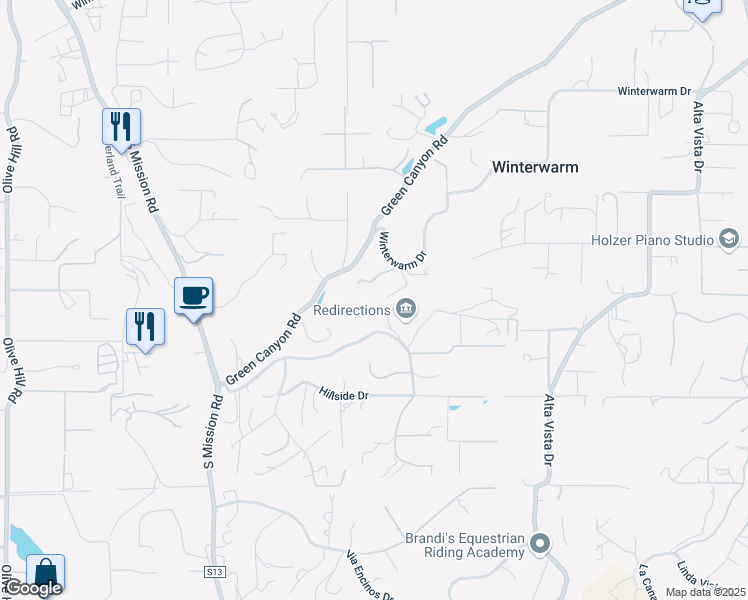 map of restaurants, bars, coffee shops, grocery stores, and more near 3088 Four Clover Court in Fallbrook