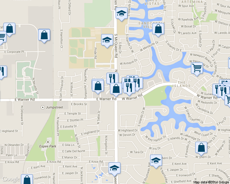 map of restaurants, bars, coffee shops, grocery stores, and more near in Chandler