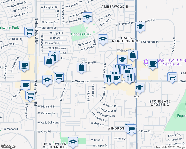 map of restaurants, bars, coffee shops, grocery stores, and more near 2044 West Los Arboles Place in Chandler