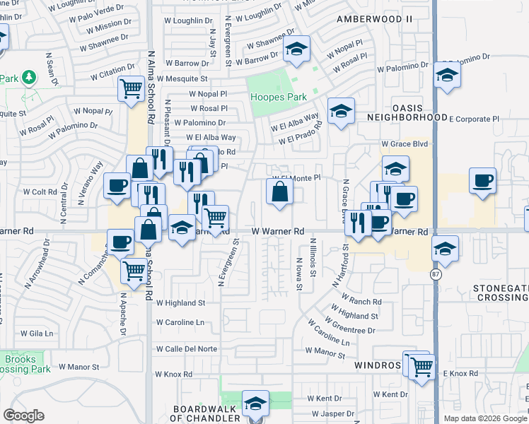 map of restaurants, bars, coffee shops, grocery stores, and more near 2037 North Sunset Drive in Chandler
